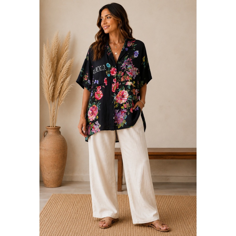 Johnny Was Shirt Floral Butterfly Rayon Silk Blend Boho Button Down Large